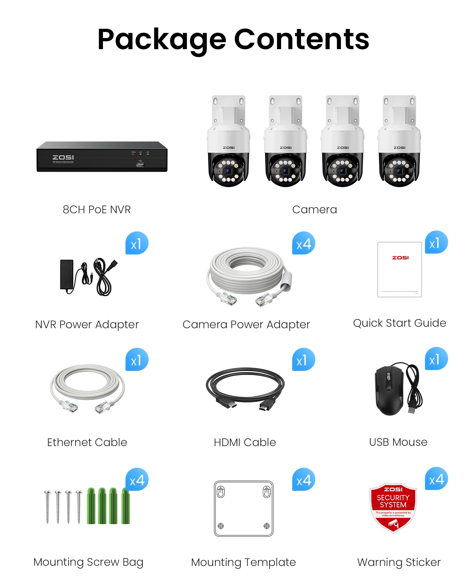 ZOSI 4K Überwachungskamera Set Aussen, 8MP PoE IP Kamera mit 8CH 2TB HDD NVR, 355°/140° Schwenkbar, KI Personen-/Fahrzeugerkennung, Auto-Tracking