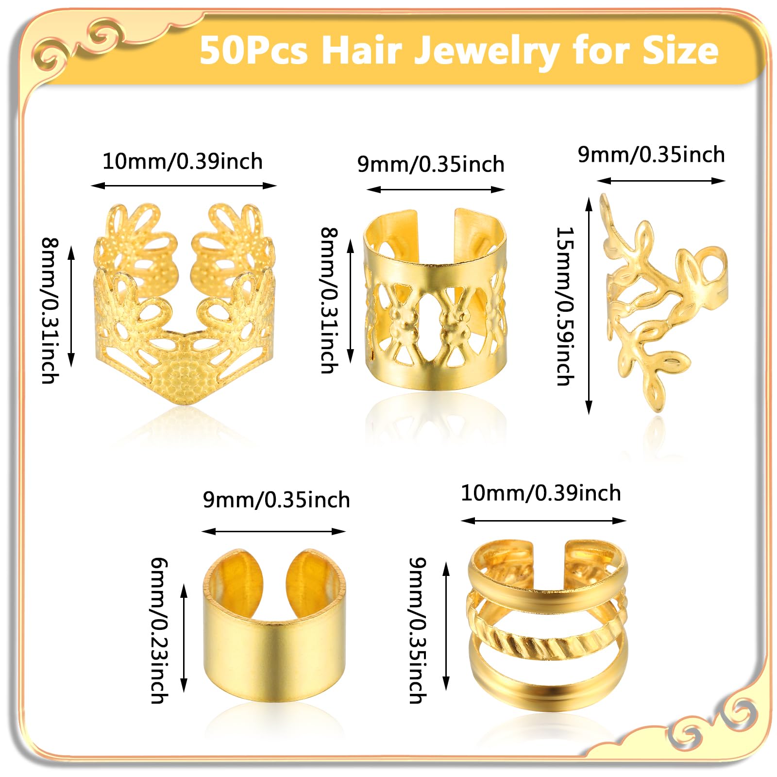 50 piezas de joyería dorada para el cabello para trenzas, accesorios Loc, joyería para rastas de cabello, anillos ajustables para el cabello, dijes para el cabello, joyería trenzada, cuentas 3