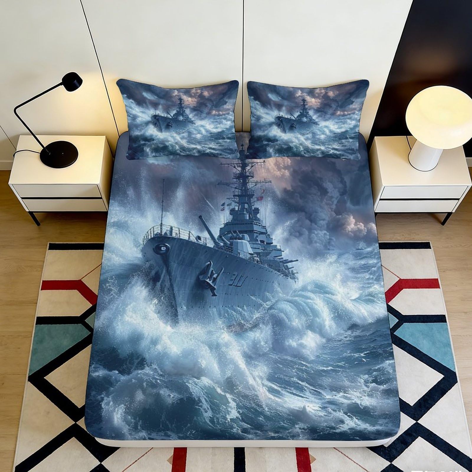 Dhbaneiok Style-1 3D Printed Stormy Warship Fitted Sheet Microfiber Soft Anti-Slip Ocean Waves Bed Cover For Bedroom Dorm Decor 90X200x25cm