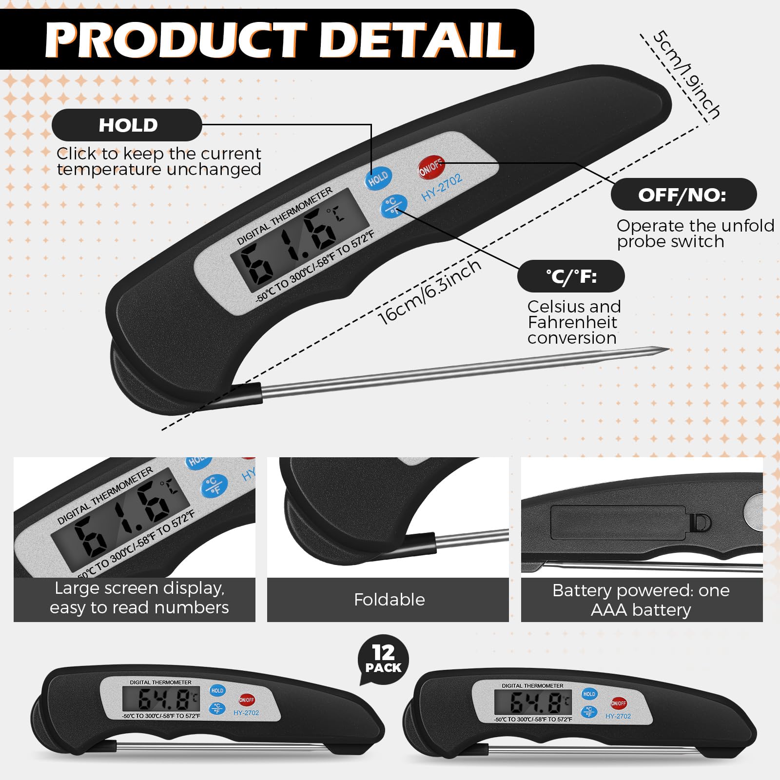 Xuhal Lot de 12 thermomètres à viande numériques avec sonde étanche à lecture instantanée - Thermomètre alimentaire pliable avec aimant pour cuisine, grillades, dinde et barbecue (noir)
