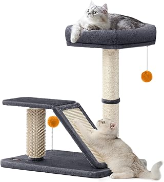 Feandrea Cat Scratching Post, Small Cat Tree Tower, Multifunctional Cat Scratcher with Self Groomer Brush, Rotatable Ramp, Pompoms, Cat Perch Bed for Indoor Cats, Dark Gray UPCA024G02 Feandrea Cat Scratching Post, Small Cat Tree Tower, Multifunctional Cat Scratcher with Self Groomer Brush, Rotatable Ramp, Pompoms, Cat Perch Bed for Indoor Cats, Dark Gray UPCA024G02