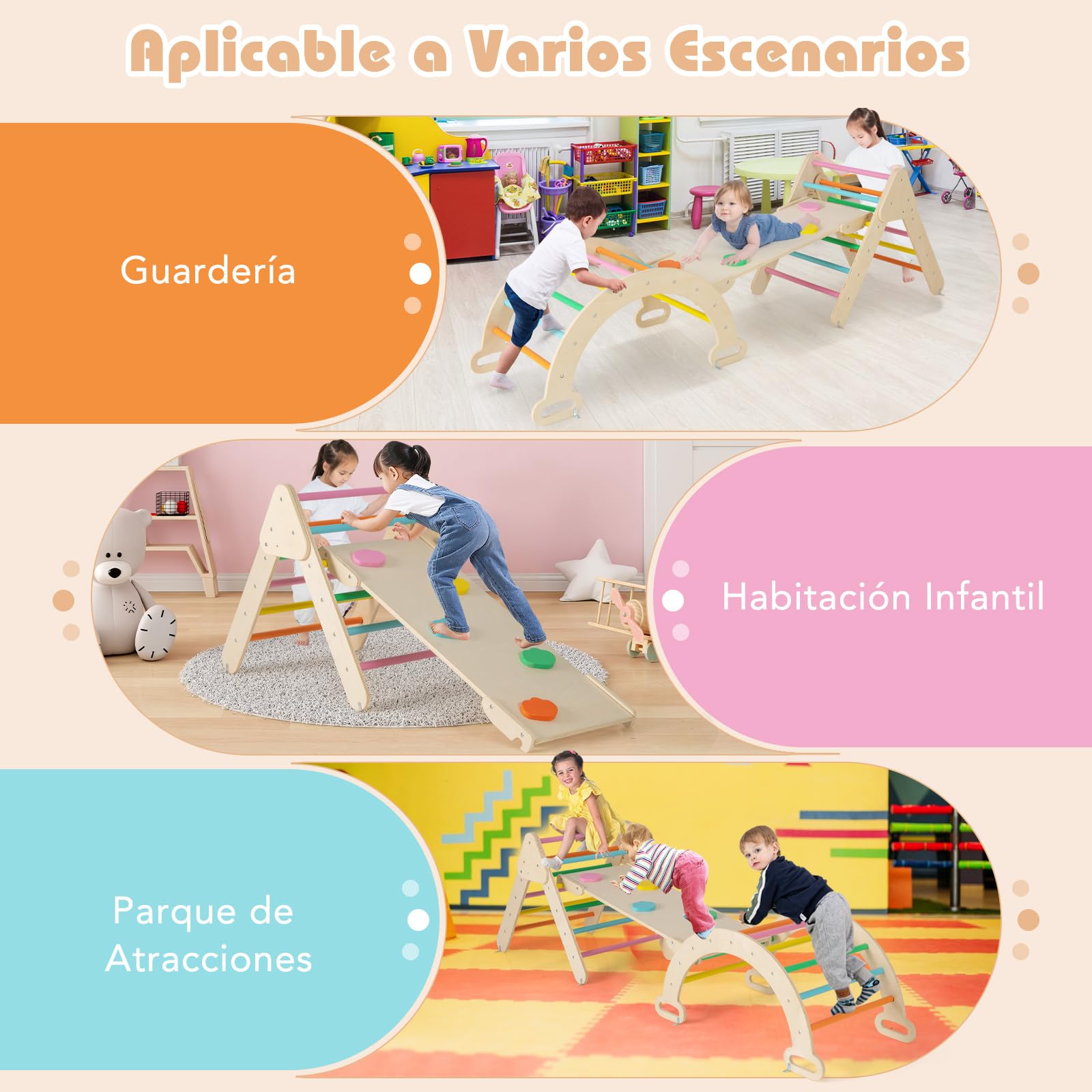 COSTWAY 7 en 1 Triángulo de Escalada de Madera para Niños, Juego de Escalada con Triángulo, Arco, Rampa para Deslizarse o Escalar, Set de Escalada Montessori para Niños 1+ Año (Multicolor)
