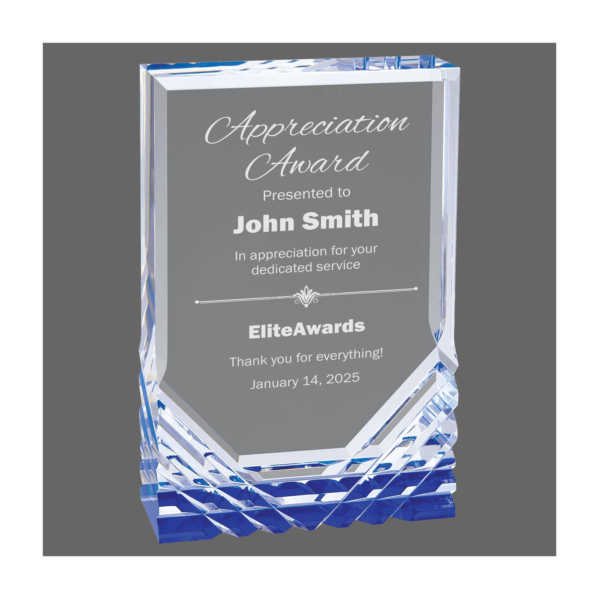 EliteAwards Personalized Appreciation Award for Employees with Custom Text Engraved Acrylic Freestanding Trophy (Jewel, Blue, 6 inch)