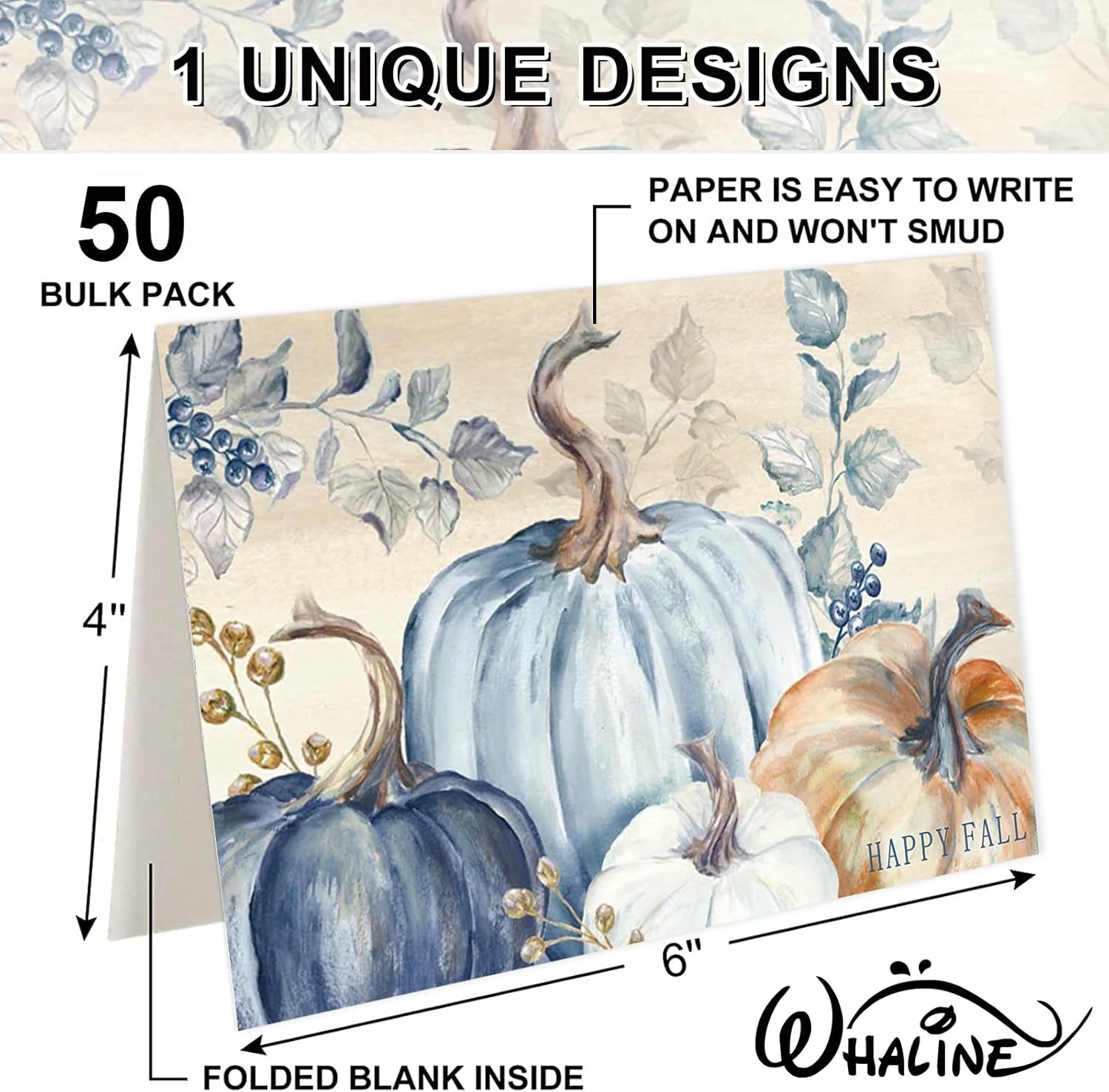 Whaline 50 Pack Fall Thank You Cards Bulk Boxed Vintage Blue Pumpkin Greeting Cards with Envelope Sticker Blank Note Cards for Autumn Thanksgiving Wedding, 4 x 6 Inch - Image 2