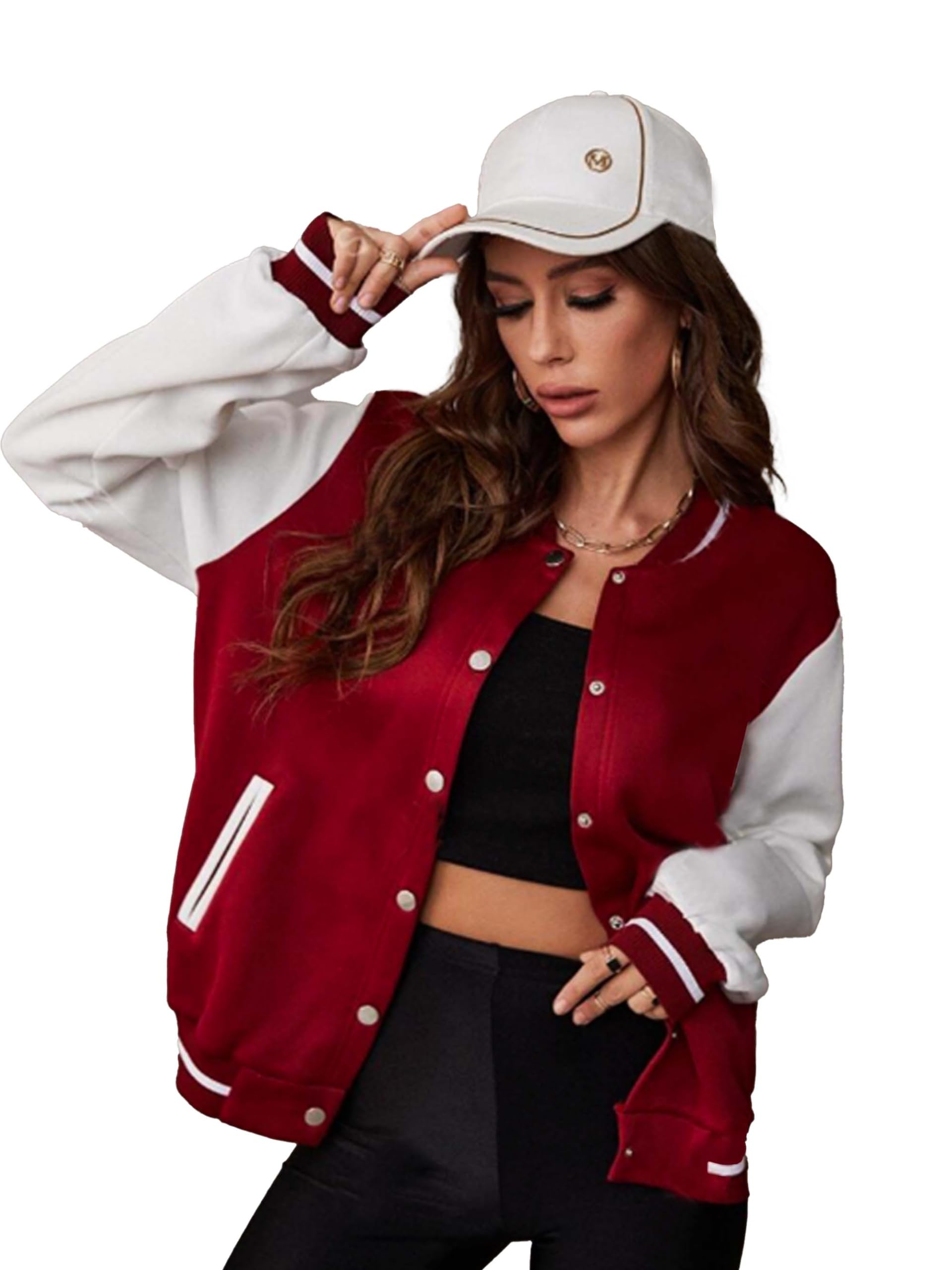 Stylish Regular Fit Long sleeve Button Up Varsity Jacket for Women