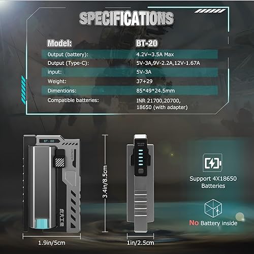 Miniatura 4 de Banco de energía portátil, batería recargable 21700 5000mAh, salida tipo C de 20 W, baterías desmontables, (plateado), BT20W