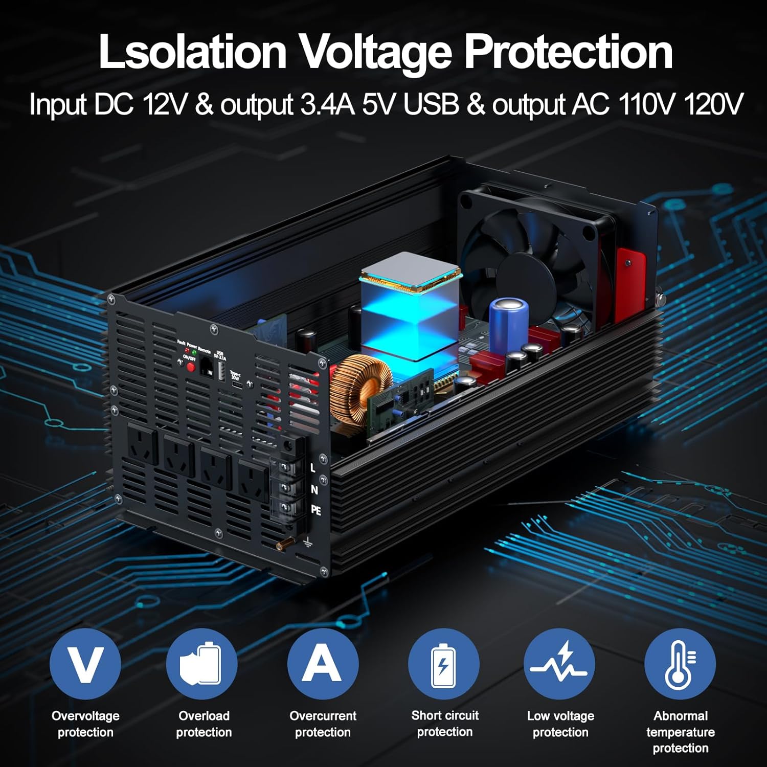 5600W Power Inverter 12V DC to 110/120V AC Converter, 11200W Peak, LCD Display, Remote Control, 4 AC Outlets, 30W Type-C Port, 3.1A USB Port for RV Truck Solar System, Emergency Power, Off-Grid Use