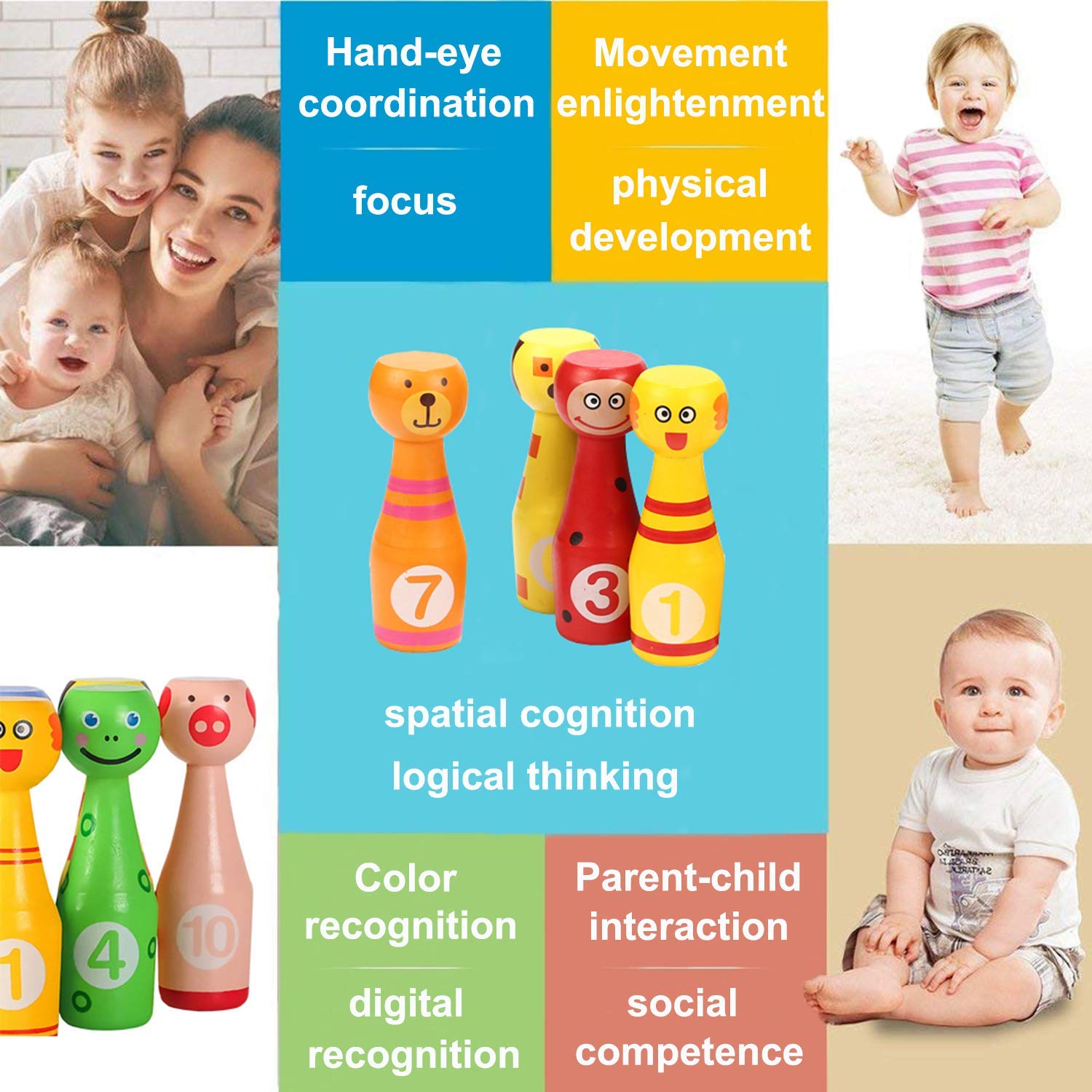 Jacootoys Zestaw kręgli kręgle gra w kręgle z 10 kręgielniami i 2 piłeczkami Interaktywne zabawki dla dzieci 3 4 5 lat