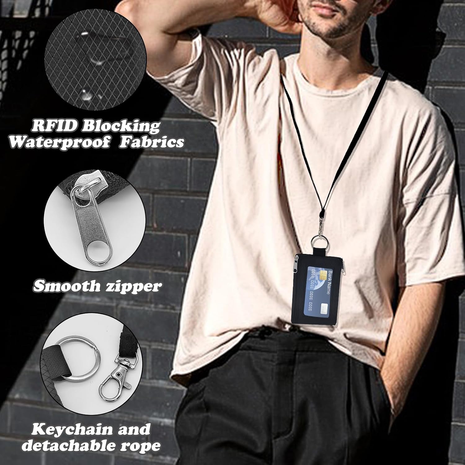 Minimalist RFID Blocking Small Wallet, Waterproof Zipper ID Case Wallet with ID Window and Lanyard for Men Women(Black)
