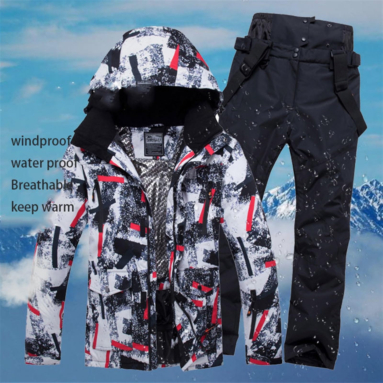 Completi Da Neve Da Uomo, Set Di Tute Da Sci Da Uomo Con Stampa Di Motivi A Strisce Alla Moda Con Cappuccio Resistenti All'usura Calde, Tuta Da Sci Impermeabile Antivento Ampia Moda