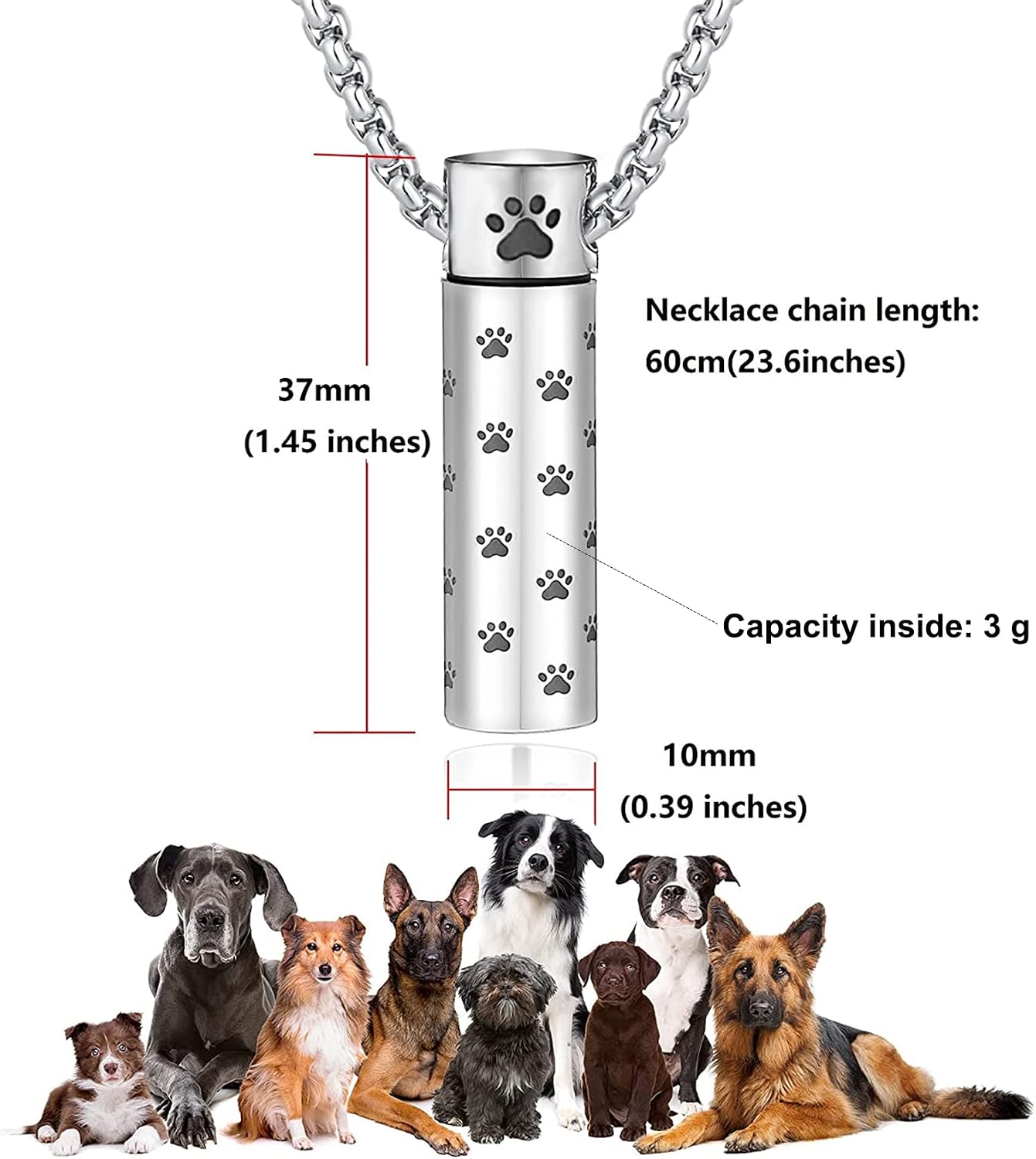 MOROTOLE Dog Urn Necklaces For Ashes Paw Print Ashes Urn Pendant Necklace Cylinder Cremation Necklace For Pet Ashes Urn Necklace For Puppy Pet Memorial Keepsake Jewelry