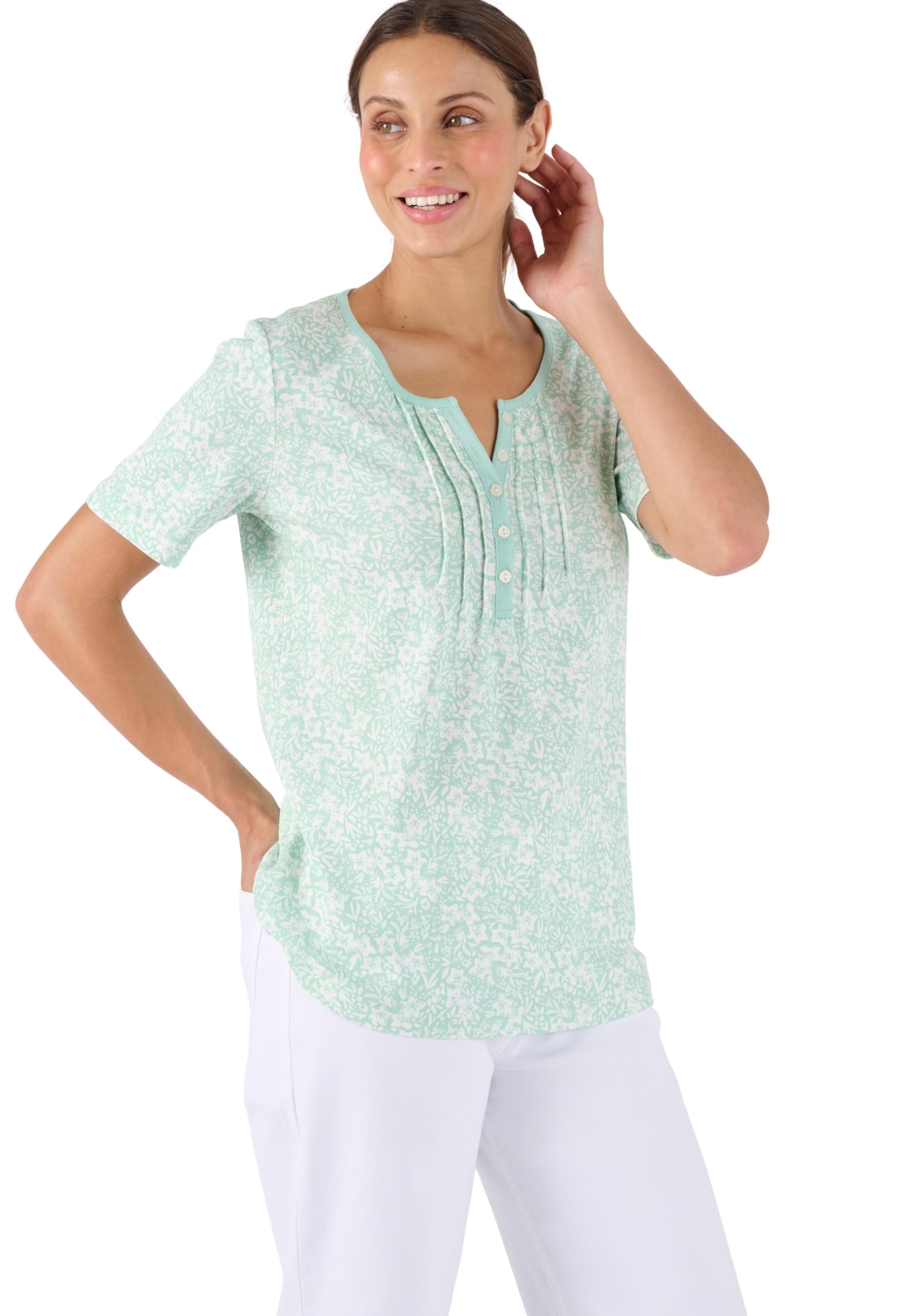 Damart - Pure Cotton Pleat Detail T-Shirt, Green Floral, 18/20