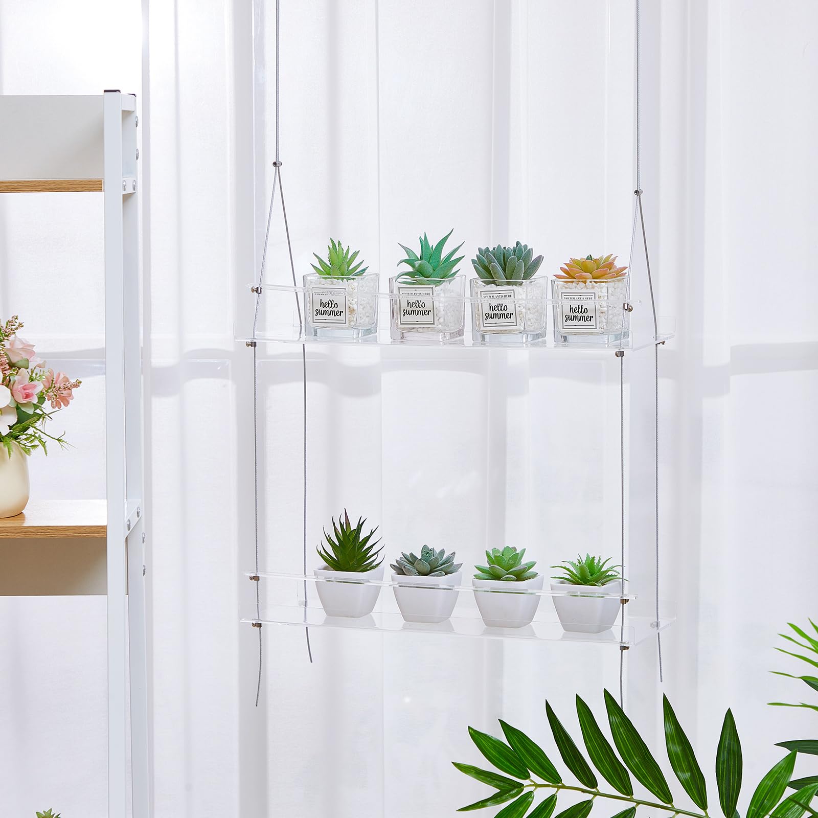 Suzile 2 Pcs 2 Tier Hanging Window Plant Shelves Clear Acrylic Indoor Hanging Plant Stand Height Adjustable Window Plant Hanger for Kitchen Bedroom Living Room Window Grow Herbs Succulents Flower
