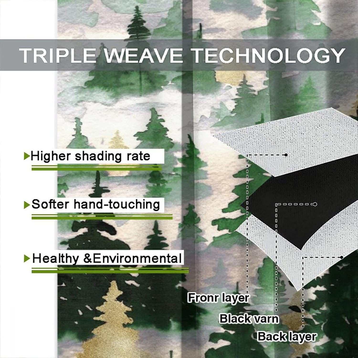 Green Gold Forest Curtains, Nature Tree Misty Forest Silhouette Landscape Window Treatments Curtains,Tree Woodland Curtains Rod Pocket Drapes for Living Room Bedroom, 42x63in