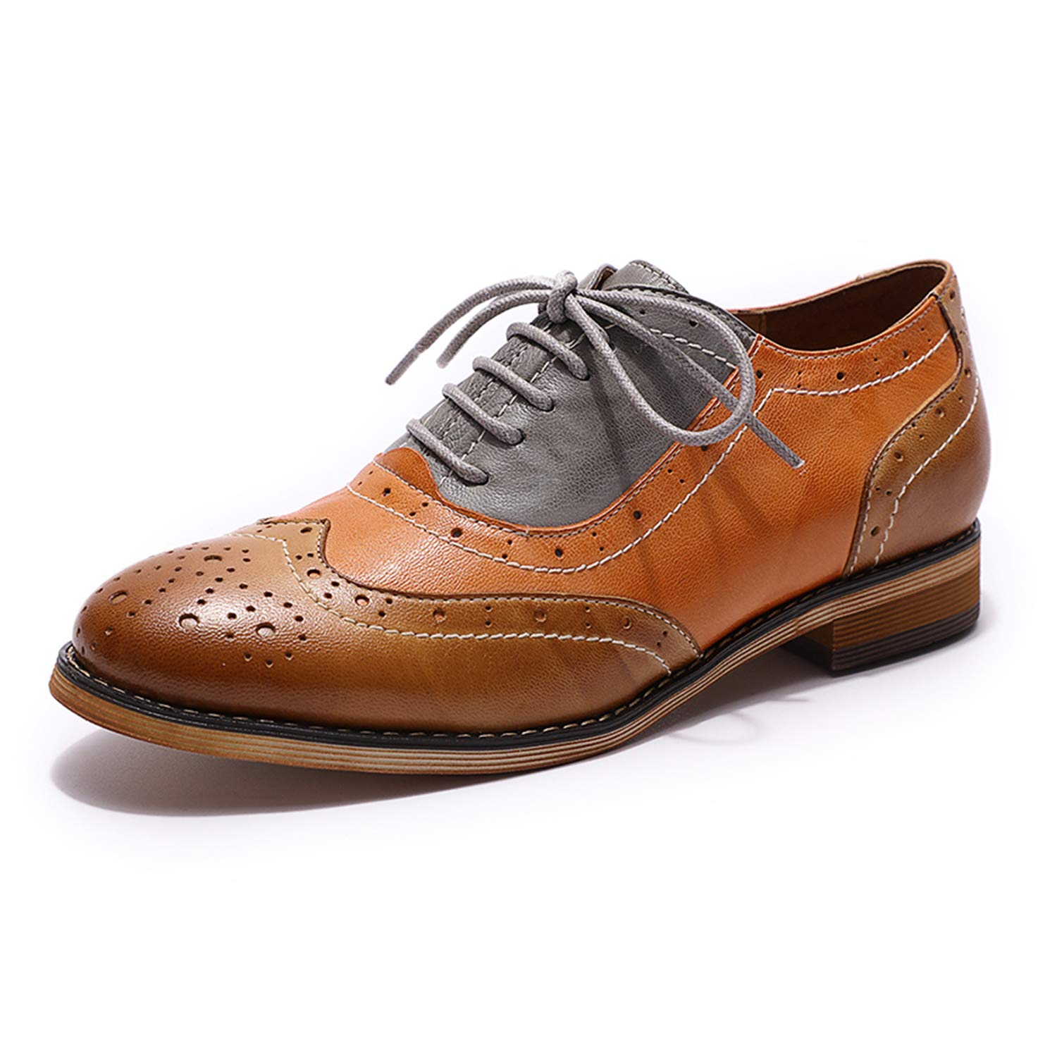 Mona flying Women's Leather Wingtip Oxfords Brogue Shoes Lace-up Flats