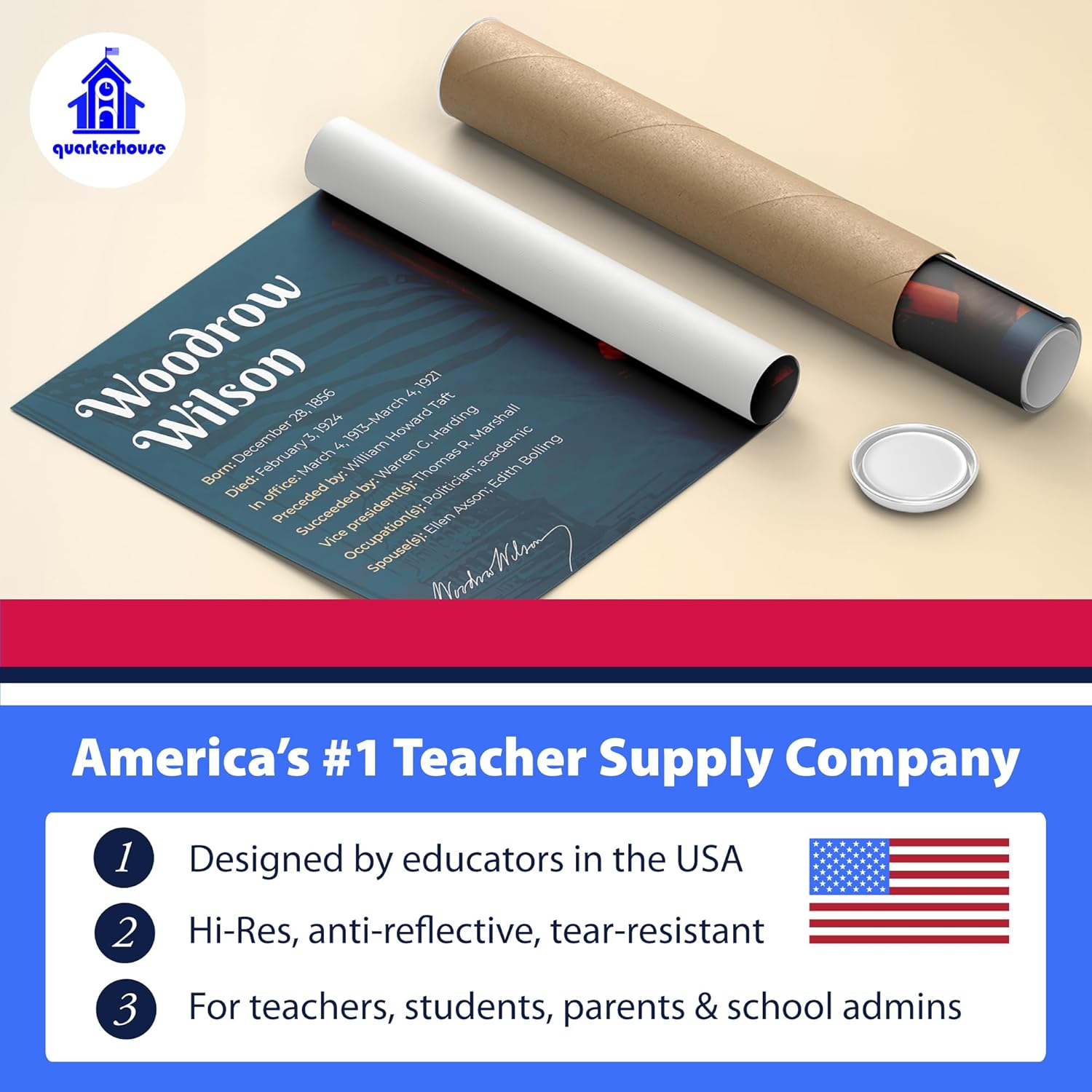 Quarterhouse 5 Poster Famous Democratic Presidents Set, Social Studies Classroom Learning Materials for K-12 Students and Teachers, 12 x 18 Inches, Made in USA