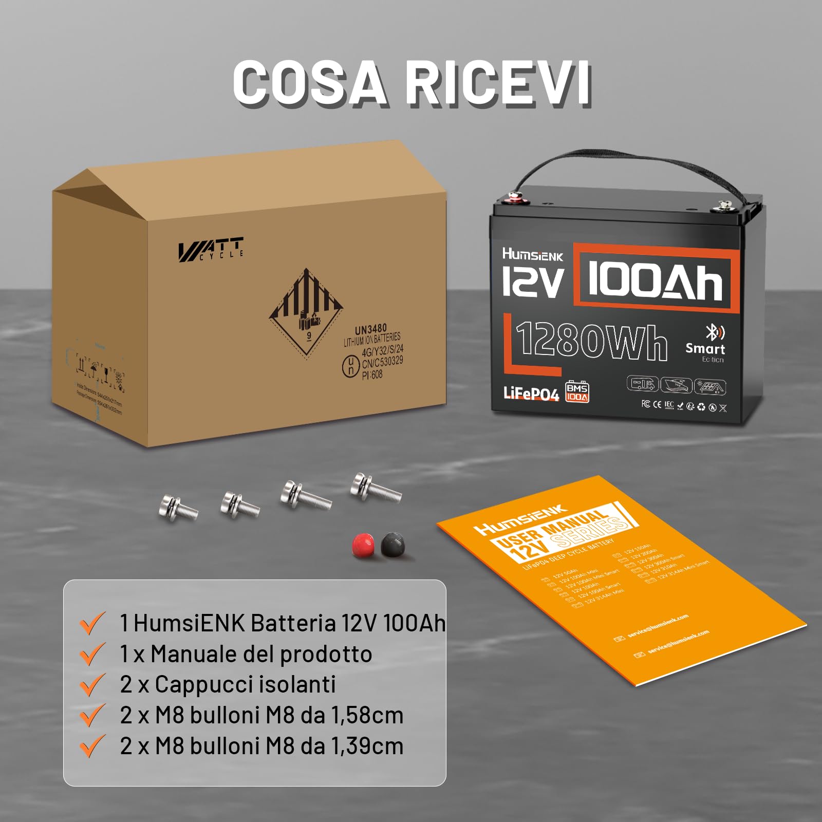 Humsienk Batteria al Litio 12V 100Ah LiFePO4 con Bluetooth, BMS 100A Integrato e Protezione a Bassa Temperatura, 15.000+ Cicli Profondi, 1280Wh Energia per Camper, Barca, Sistemi solare, Off-Grid