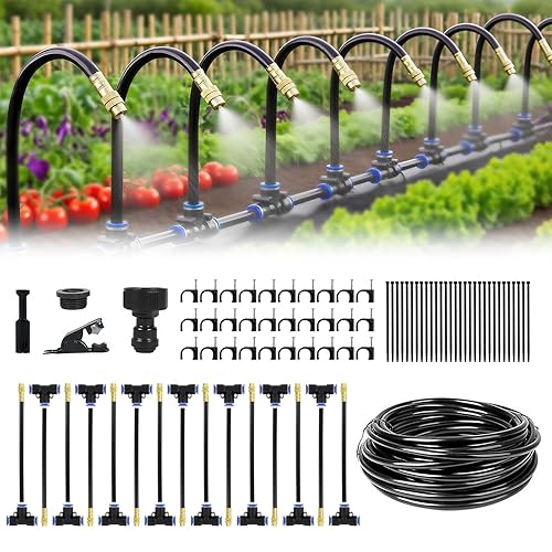 Kit automático de riego por goteo, 50 pies con conectores rápidos sin herramientas, 15 boquillas de atomización de cobre y rociador flexible de 360°