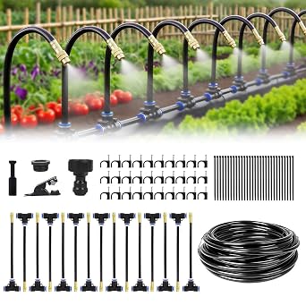 Automatic Drip Irrigation Kit - 50FT with Tool-Free Quick Connectors, 15 Copper Atomizing Nozzles & 360 Bendable Spray for Garden, Greenhouse, Lawn, Plants
