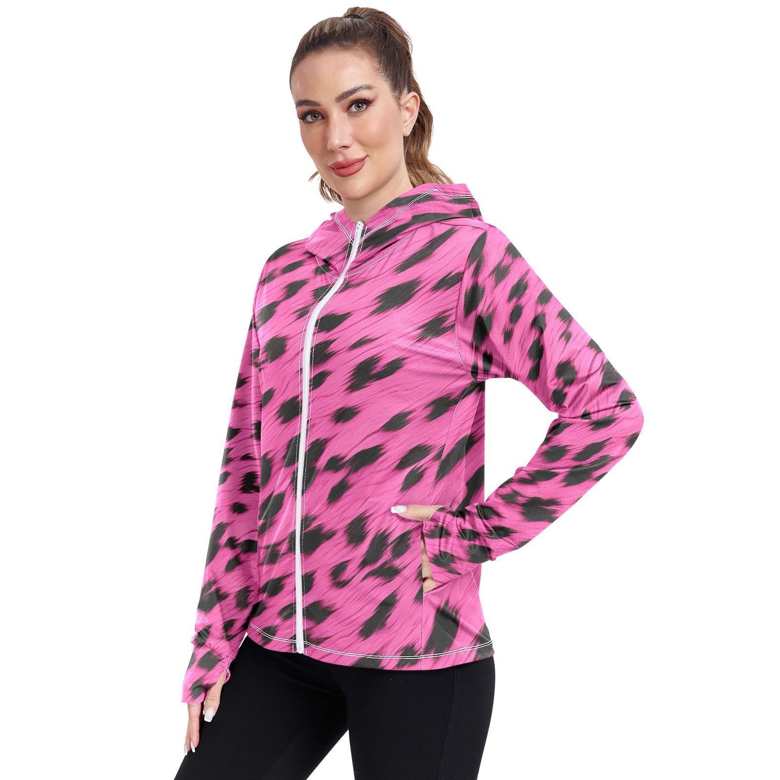 UMIRIKO Pink Leopard Print Pattern Women's UPF 50+ Sun Protection Jacket Hoodie Rash Guard Shirt with Pockets M 202a3485