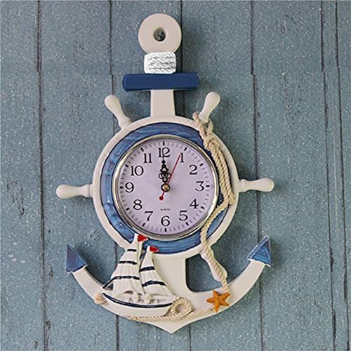 Miniatura 2 de Reloj de ancla de estilo mediterráneo, tema de playa, mar, rueda náutica, timón, volante, decoración para colgar en la pared