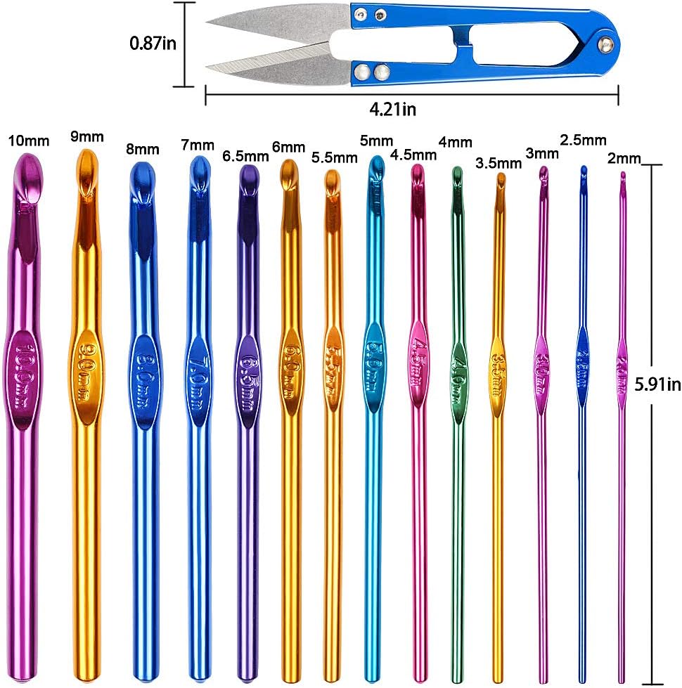 14 pcs High Quality Multicolor Aluminum Crochet Hooks - in Sizes 2mm,2.5mm,3mm,3.5mm,4mm,4.5mm,5mm,5.5mm,6mm,6.5mm,7mm,8mm,9mm,10mm