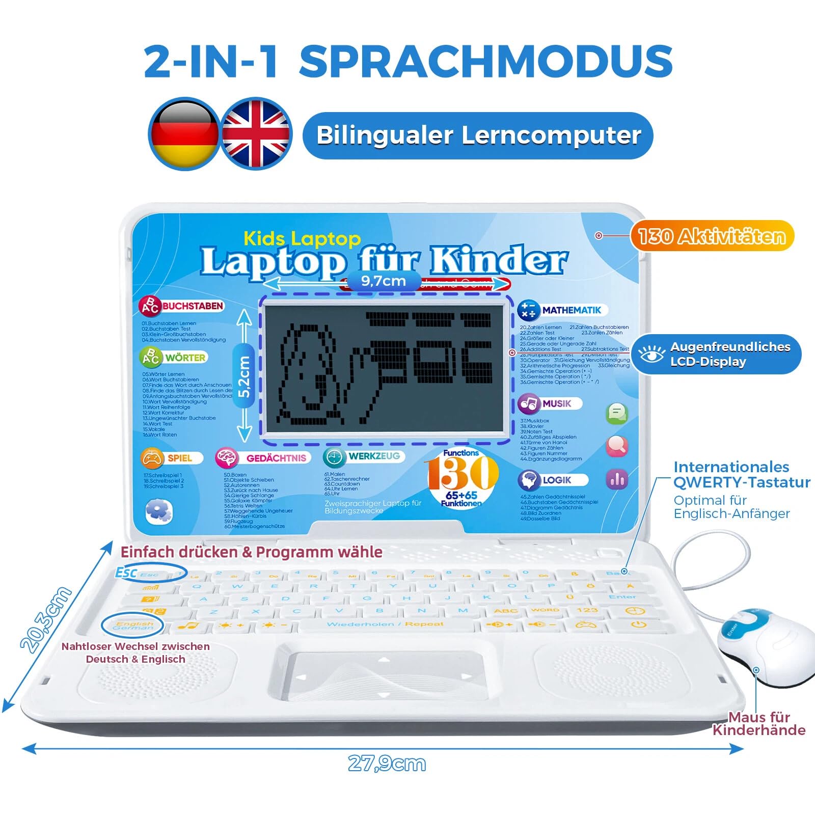 Kinder Laptop - Bilingualer Lerncomputer (DE/EN) mit 9,7x5,2cm Bildschirm für Mathe, Alphabet, Musik & Spiele