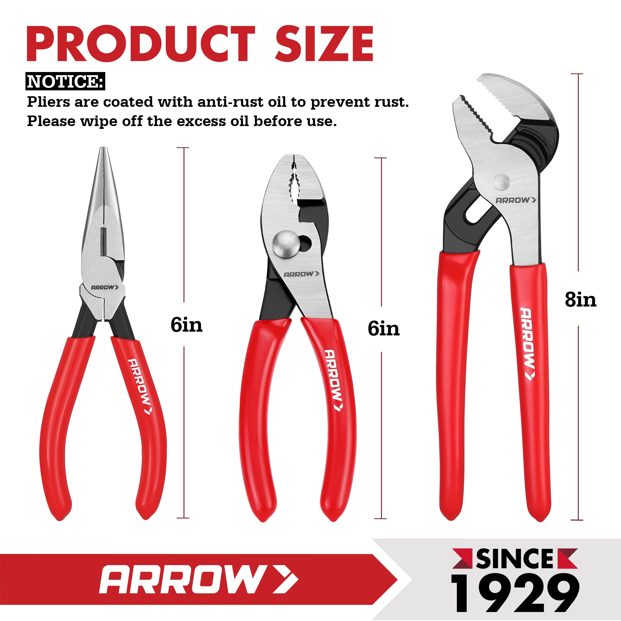 Arrow 3-teiliges Zangen-Set, 15,2 cm Spitzzange, 15,2 cm Gleitgelenk, 20,3 cm Rillengelenk, Karbonstahl, Dip-Grip-Griff