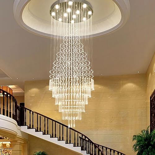Luxury Large Foyer Chandelier, Modern 12-Lights Round Raindrop Crystal Chandeliers High Ceiling Flush Mount Light Fixtures for Hallway, Entryway, Stairs,Front Entrance D31.5 X H86.7 of CRYSTOP