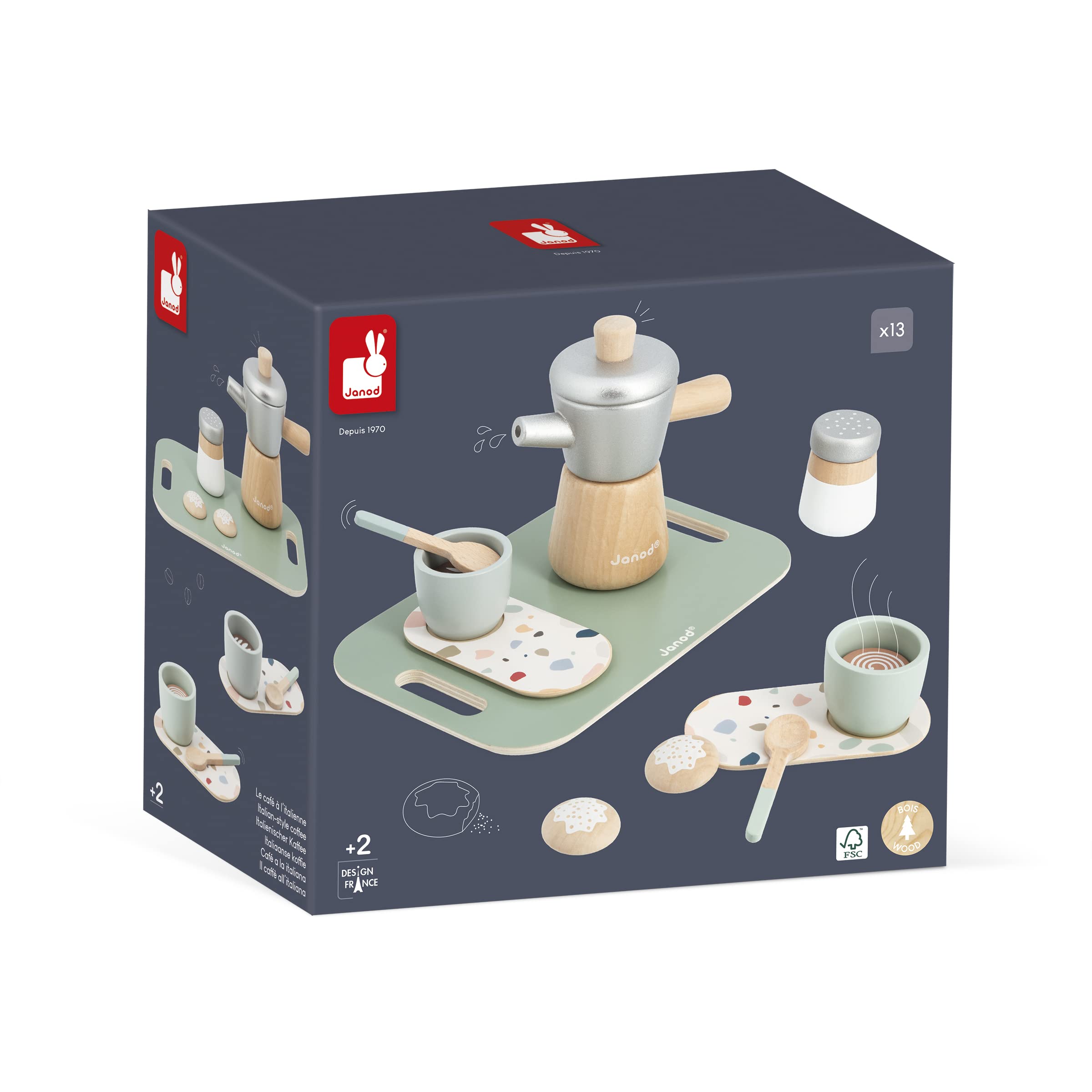 Janod - caffè all'Italiana - 13 Accessori Legno FSC - Giocattolo di Imitazione - Servizio da caffè Bambini - Gioco in Legno FSC - dai 24 Mesi, J06630