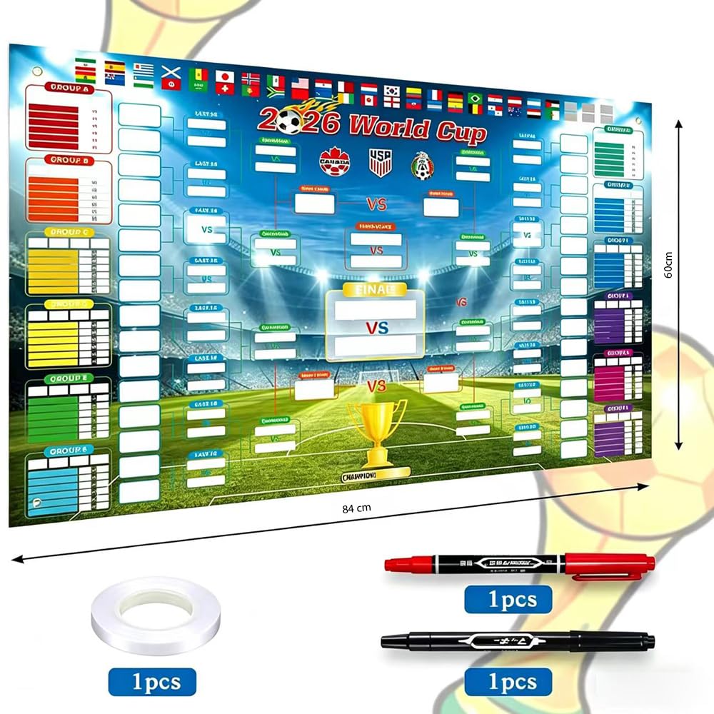 Shengou 60×84cm Fútbol M 2026 Wallchart con 2 Bolígrafos, Fijaciones Copa Mundial de Fútbol