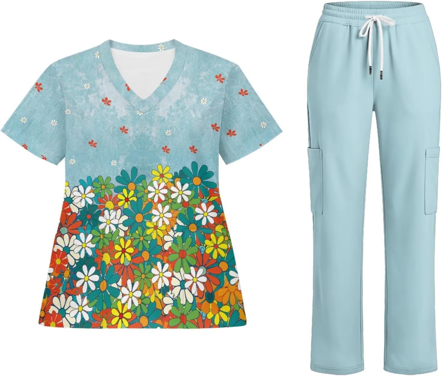 Oversized 2 PC Scrubs for Women V Neck Printed Medical Scrub Tops and Pant Soft Nurse Uniform Shirts with Pockets