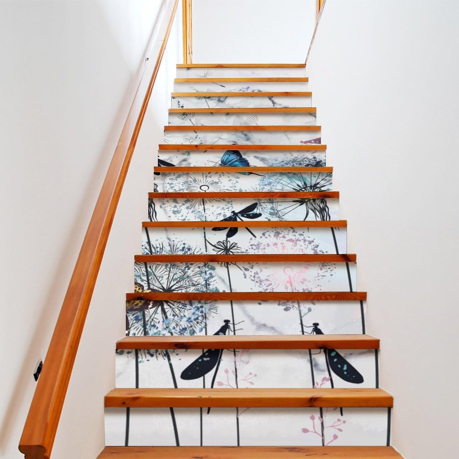 COALHO Retro Dandelion Dragonfly Staircase Stickers Art Stickers Staircase Decorations Abstract Modern Art Marble Butterfly Floral Home Decoration 100CMx18CMx1 Set