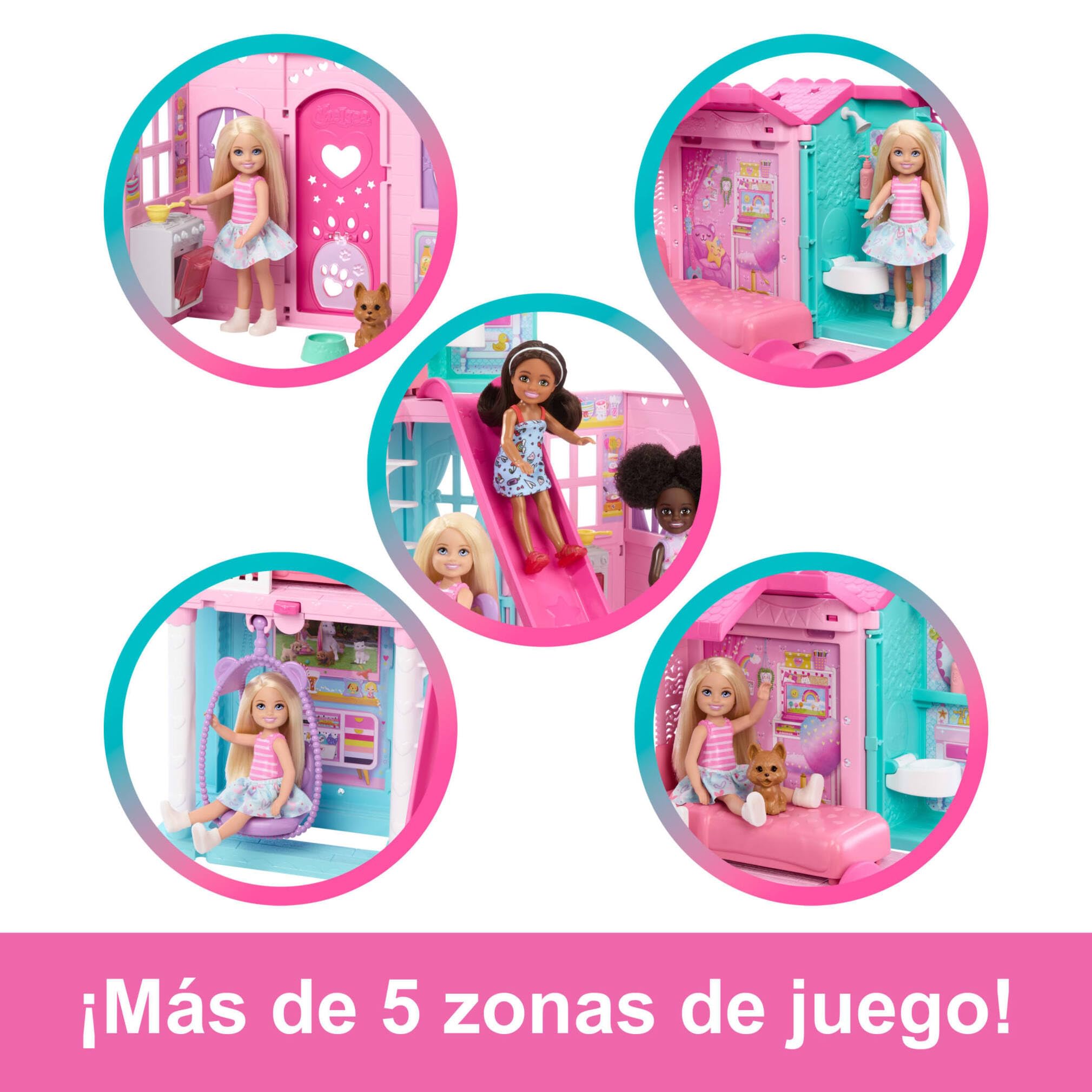 Barbie Chelsea Casa de muñecas con más de 15 accesorios, casa desplegable que se amplía a más de 43,2x33cm con 5 áreas de juego y tobogán, incluye muñeca pequeña y perrito mascota, JFW49