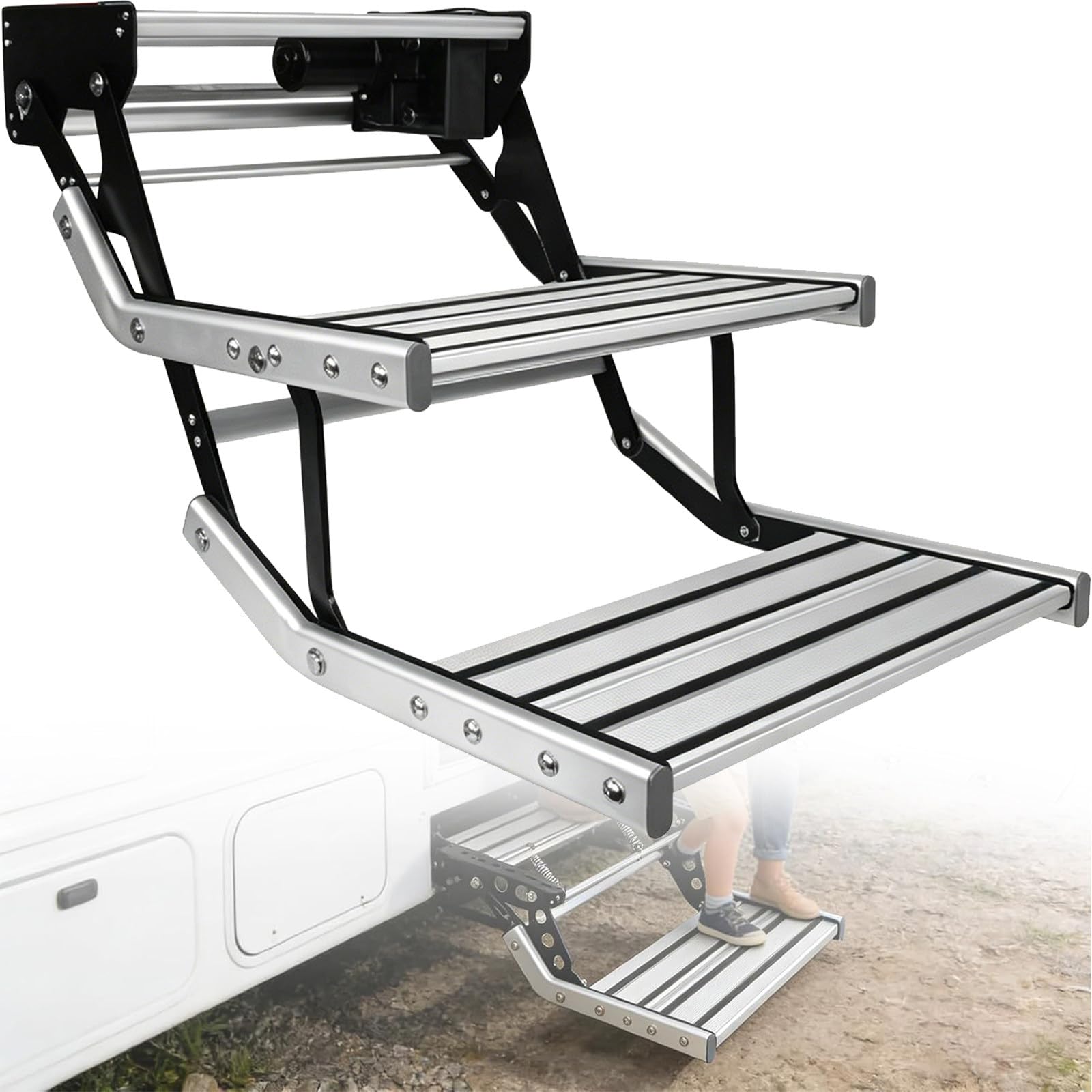BITYCOW Retractable Camper Steps, 200kg/440lbs Load Capacity Electric Stairs with Illumination & Non-Slip Rubber Strips, Firm Base for RV, Motorhome and Truck Doublelayerpedal