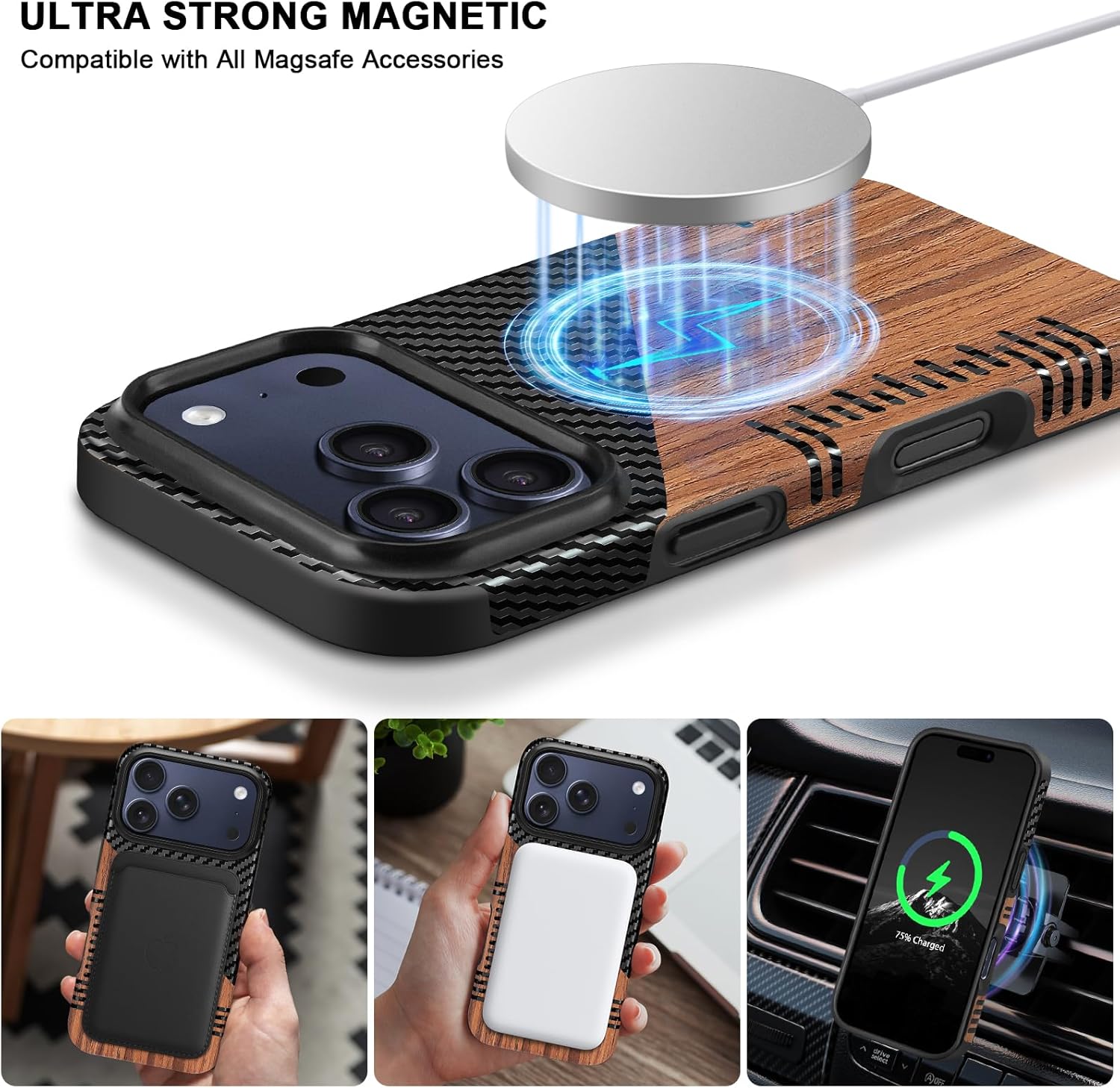 TENDLIN Magnetic Case Compatible with iPhone 17 Pro Max Case Wood Grain with Carbon Fiber Texture Design Leather Hybrid Slim Cover (Compatible with MagSafe) Twill - Image 6