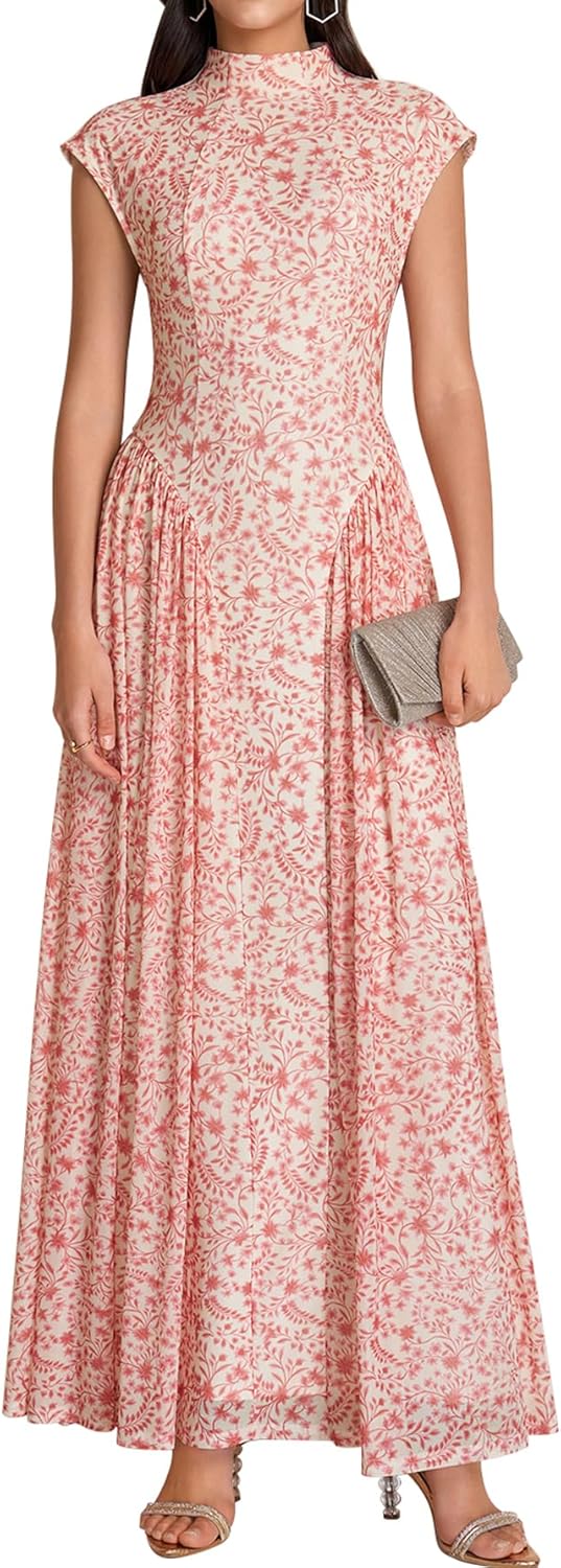 KUTUMAI Floral Summer Long Formal Wedding Guest Dresses for Women 2026 Elegant Classy Mock Neck Maxi Cocktail Dress