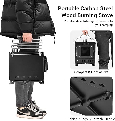 Miniatura 6 de Estufa de leña, estufa de leña con tubos de chimenea, pequeña estufa de leña para acampar con tubo de ajuste y antiparques para caza, pesca, cocina