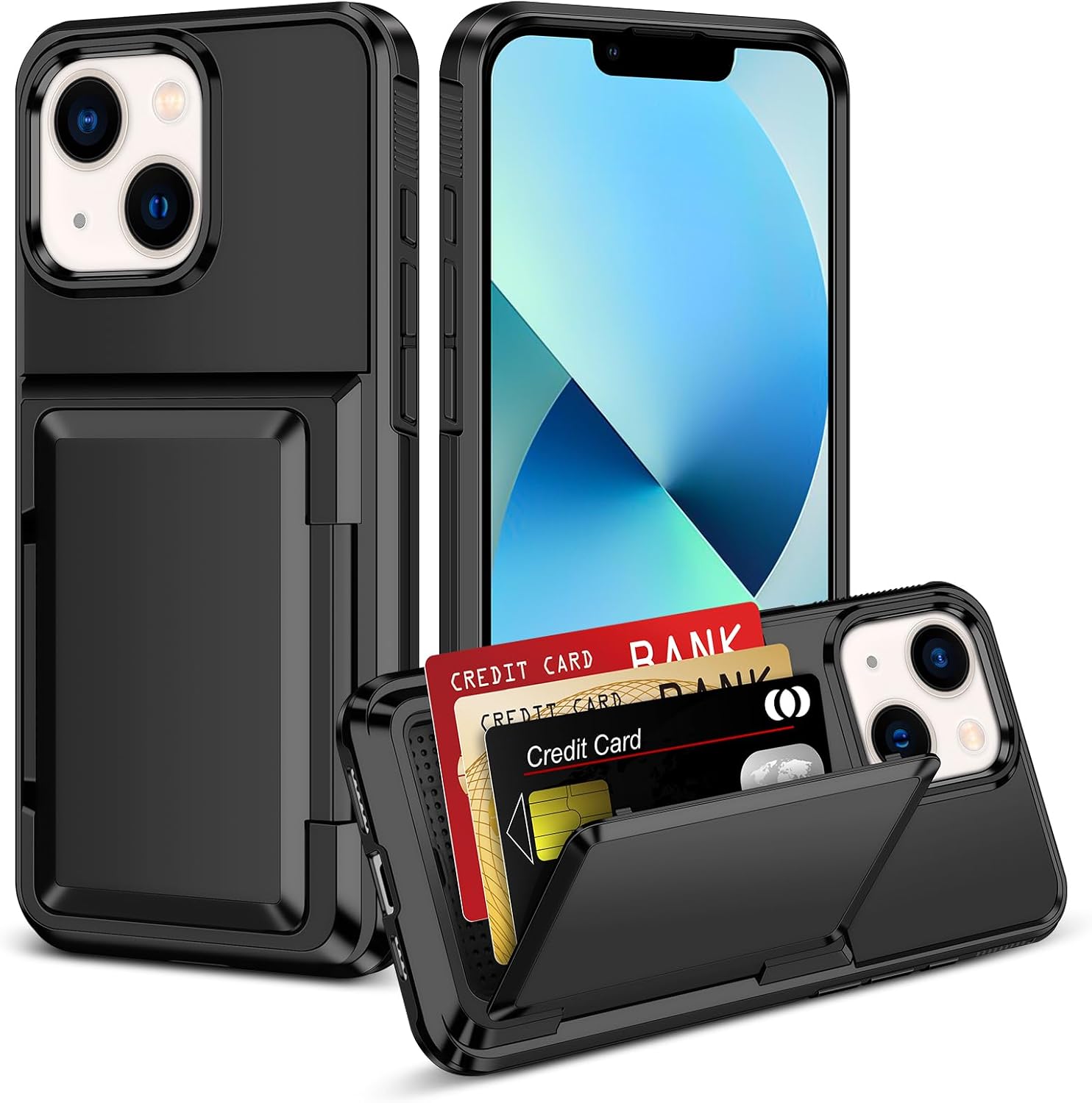 for iPhone 13 Case with Card Holder [Max 5 Cards] Heavy Duty Protective Shockproof Case Dual Layer Hidden Sliding Card Slot Wallet Case for iPhone 13 Phone Case Women&Men 6.1'' -Black - Image 9