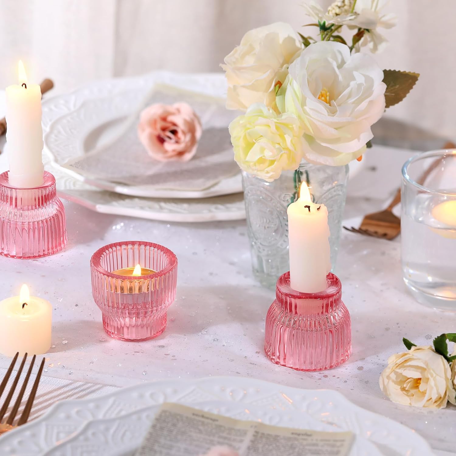 12pcs Pink Taper Candle Holders, Glass Candlestick Holders, Tea Light Candle Holder for Galentines Valentines Wedding Centerpieces Table Decor, Votive Candle Holders for Baby Shower - Image 2