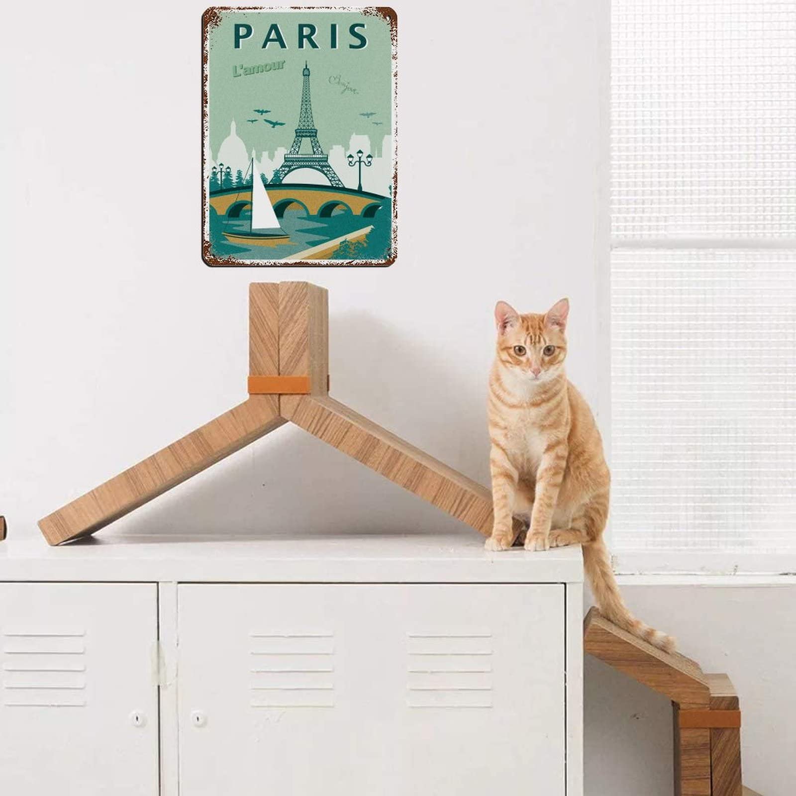 Poster Rétro En Métal Avec Motif De Chat Sur Le Balcon De Paris