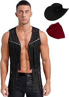 Raenseen Mens Adults Western Cowboy Costume Set Tassel Vest with Hat Bandanna Retro 70s 80s Hippie Costume