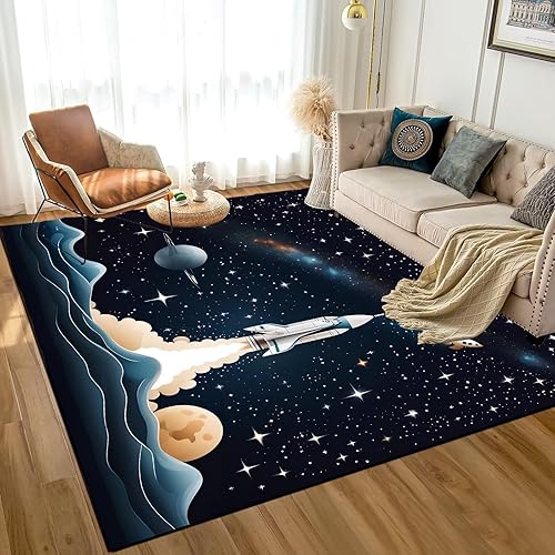 Miniatura 10 de Alfombra con Diseño de Galaxia y Planetas, Alfombra de Astronautas del Espacio, Alfombras Decorativas para Habitación de Niños Varones Adolescentes,