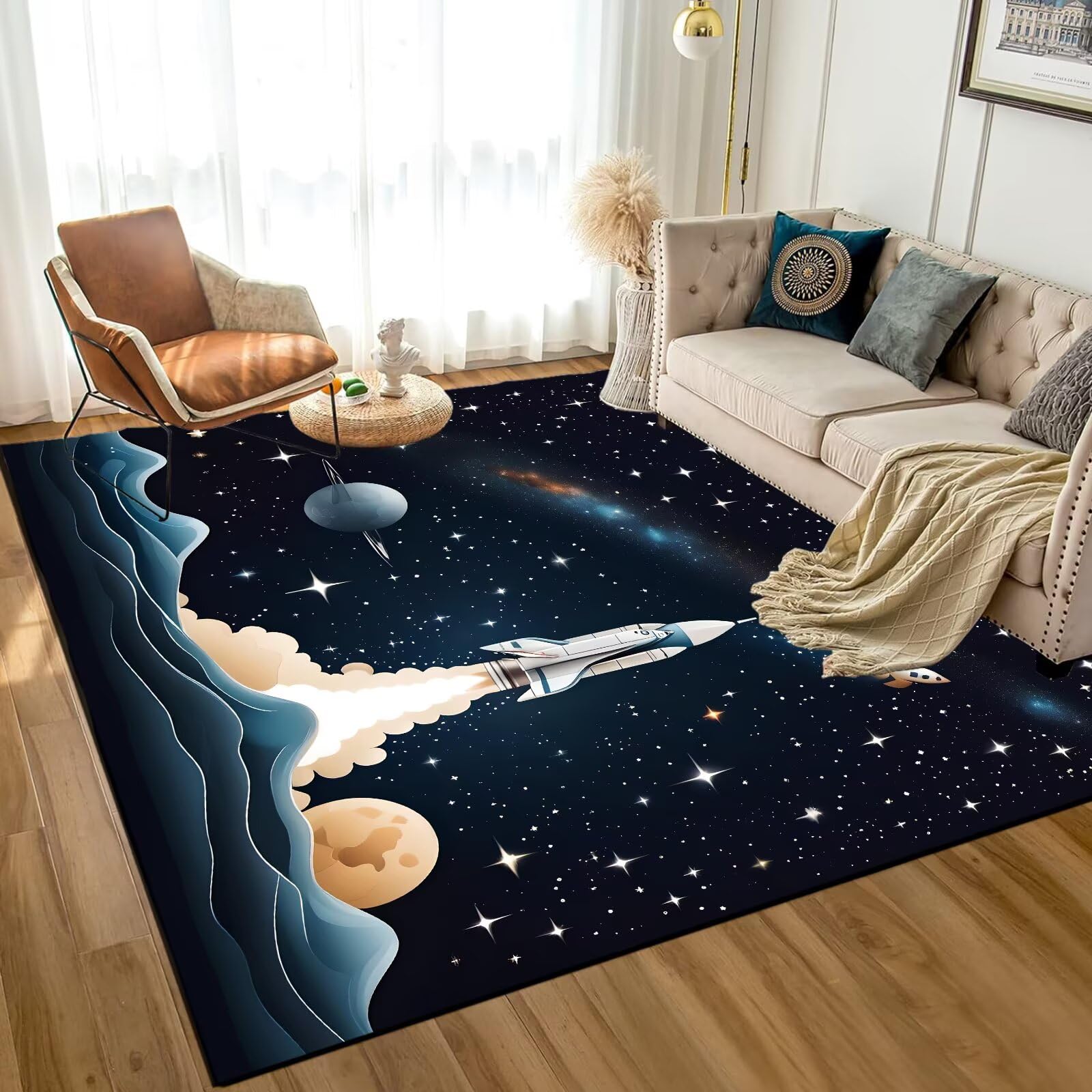 DJNEAR 5' x 7' Space Rocket Rug for Kids Bedroom Black Stars Rugs Galaxy Carpet Planet Printed Throw Rugs for Boys Teens Living Room,150x210cm