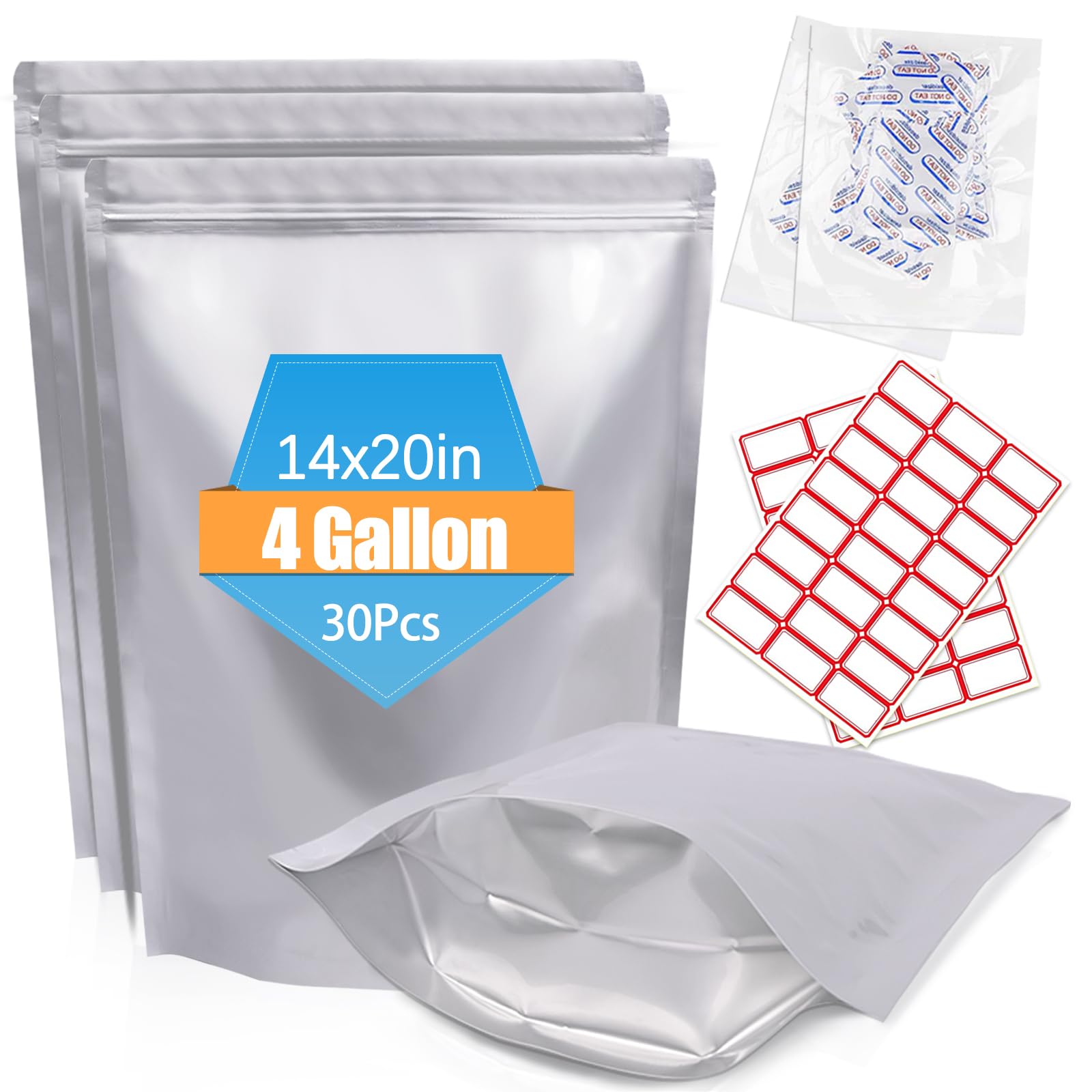 NexLevVac 30PCS 4Gallon 14"X20" Mylar Bags for Food Storage with Oxygen Absorbers&Lables,10 Mil Thick Resealable Stand-Up Zipper&Heat Sealable Bags for Long Term Food Storage,Dried Food