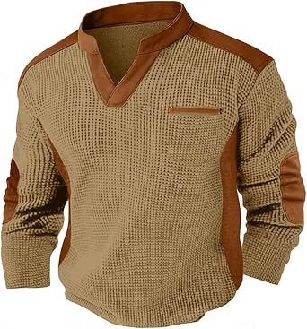 CRNTCEM Mens Waffle Sweatshirt V Neck Vintage Thermal Pullover Long Sleeve Athletic Henley Sweatshirts with Elbow Patches