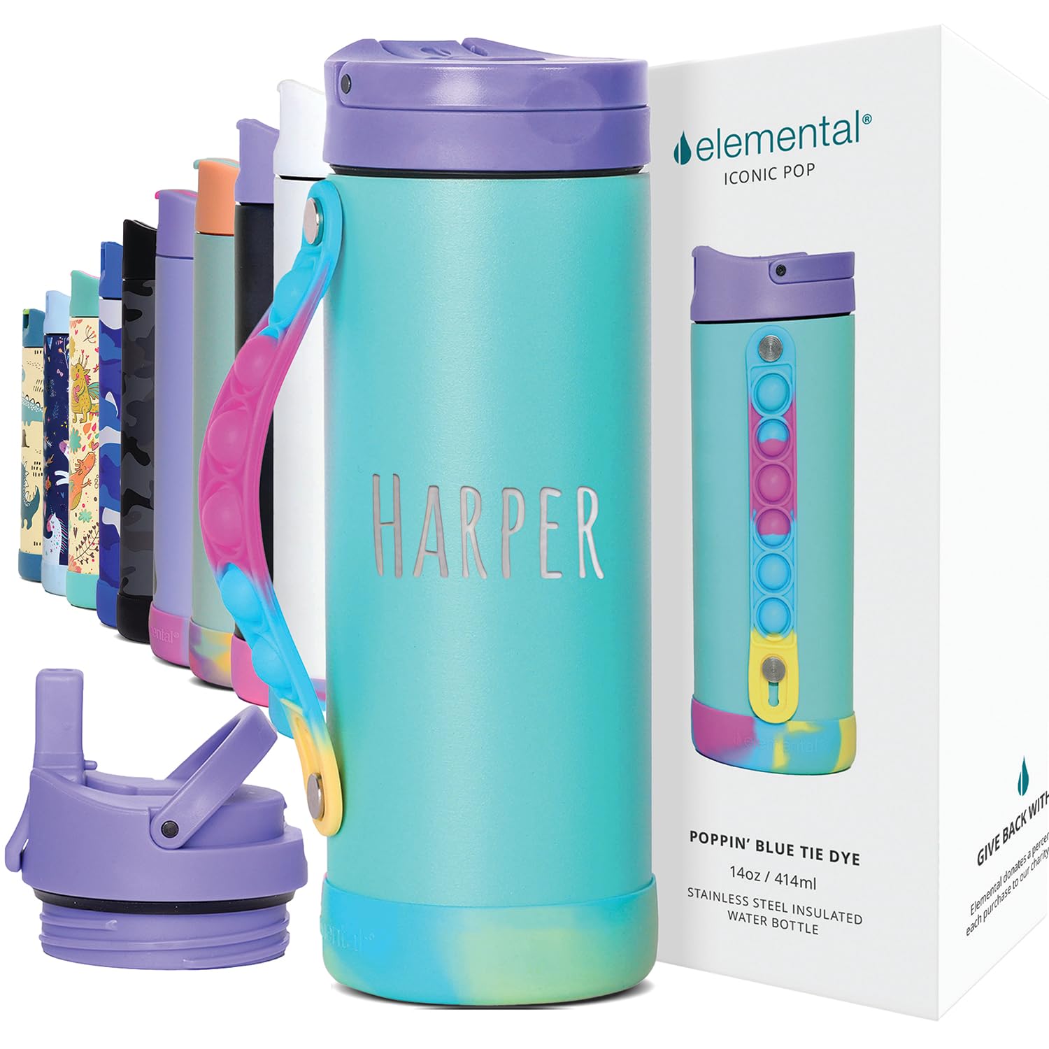Elemental Iconic Kids Personalized Water Bottle with Straw Lid & Stress Relief Pop It Handle, Custom Triple Insulated Kids Stainless Steel Water
