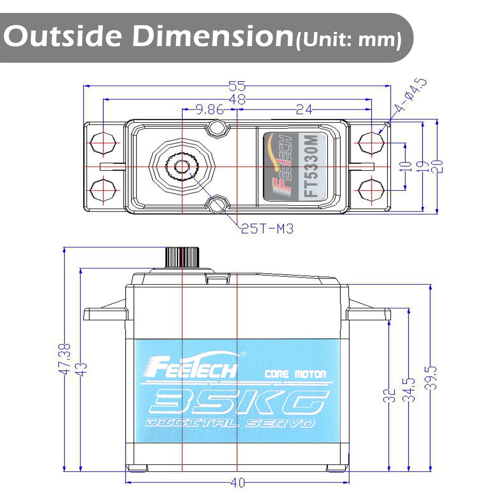 FT5330M 35KG RC Digtal Servo 180 Gradi Impermeabile Full Metal Gear High Torque Servo 25T Braccio Servo per Traxxs X4 1/8 1/10 Rc Car (FT5330M 180 °)