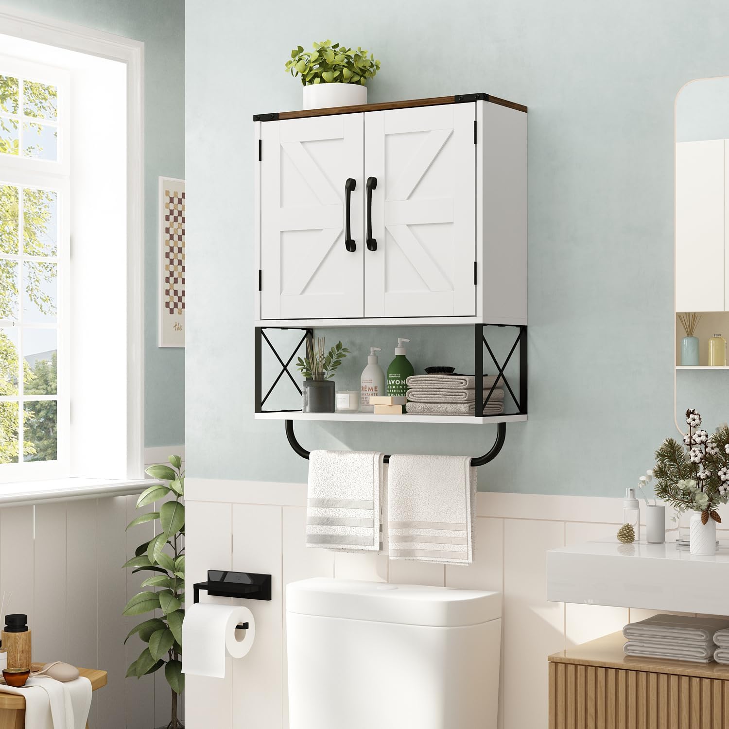 RUSTOWN Farmhouse Medicine Cabinet with 2 Barn Door, Boho Wood Wall Mounted Storage Cabinet with Adjustable Shelf and Towel Bar, 3-Tier Bathroom Cabinet for Bathroom (White and Walnut)