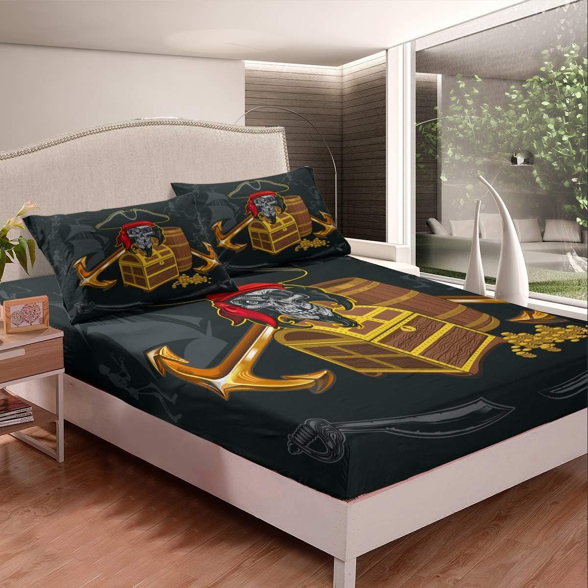 Ocean Nautical Sábanas de Cama Pirata Treasure Juego de sábanas para niños y Adolescentes, Caza del Tesoro en el mar, Juego de Cama Cama de Aventura en el mar, 2 Piezas de tamaño Individual